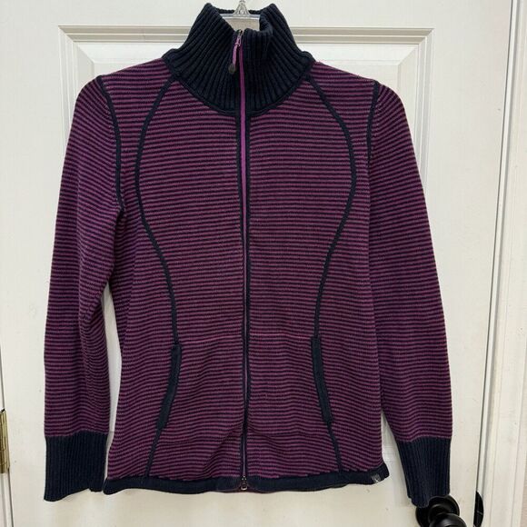 Eddie Bauer Women’s S Purple Black Striped Full Zip Up Sweater Jacket Mock Neck - Picture 1 of 8